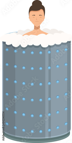 Young woman is taking a cryotherapy session, standing in a capsule filled with nitrogen vapor