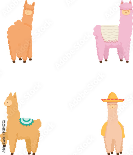 Collection of four charming cartoon llamas with unique accessories and styles on a white background