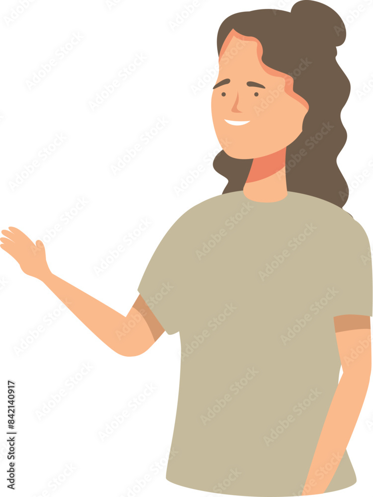 Young woman pointing with hand and smiling, friendly person greeting, illustration Young woman pointing with hand and smiling, friendly person greeting, illustration