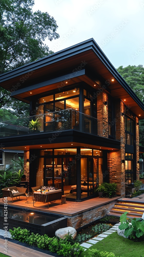 Modern two-story house with large windows and warm exterior lighting surrounded by lush greenery and an outdoor patio area. Modern two-story house with large windows and warm exterior lighting surrounded by lush greenery and an outdoor patio area.