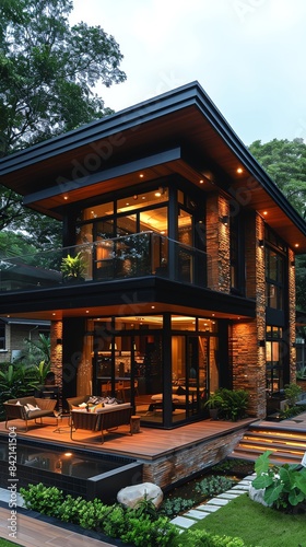 Modern two-story house with large windows and warm exterior lighting surrounded by lush greenery and an outdoor patio area.