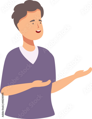 Young man is smiling and gesturing with hands while explaining something