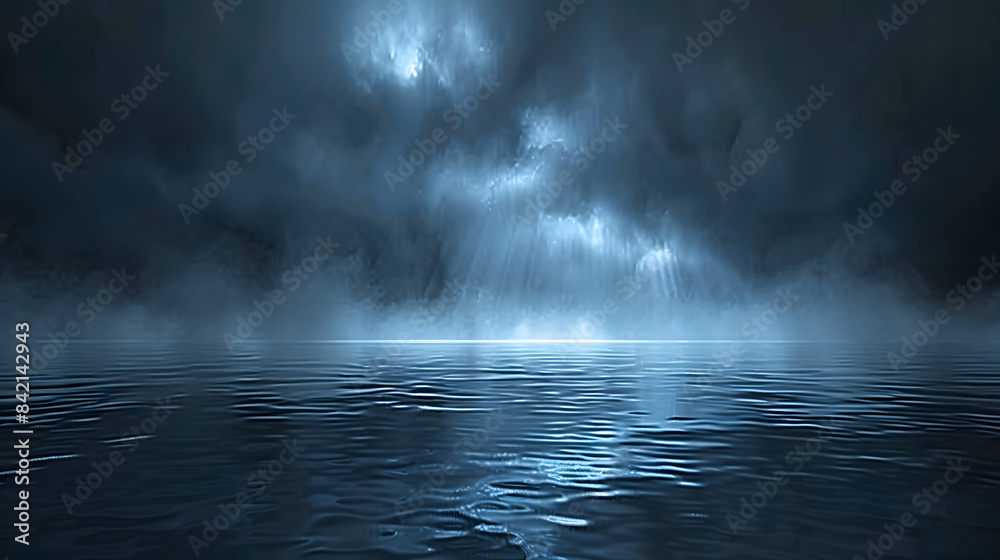 Fototapeta premium Abstract dark blue background with fog and glowing light rays on the water surface. empty scene for product presentation 