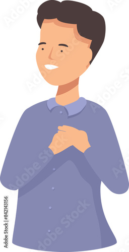Young man is holding his hands to his chest, showing honesty and sincerity