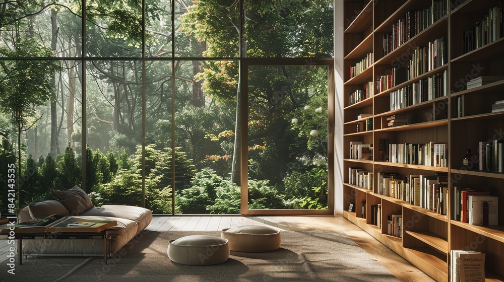 Scandinavian minimalist library with large windows and cozy reading nooks surrounded by nature