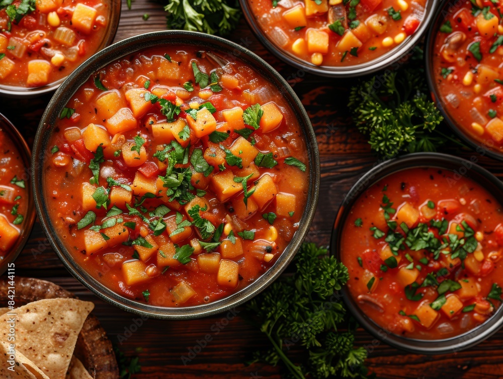 Delicious homestyle vegetable soup with fresh herbs in rustic bowls, surrounded by bread - hearty and healthy comfort food Delicious homestyle vegetable soup with fresh herbs in rustic bowls, surrounded by bread - hearty and healthy comfort food