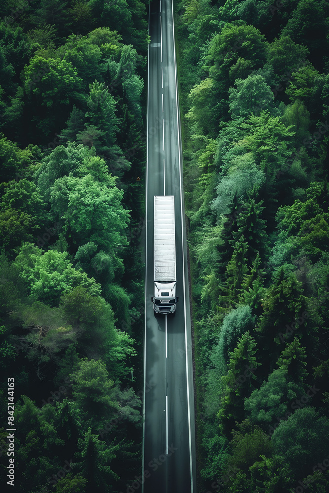 aerial view of a heavy truck on a narrow road through forest. High quality photo aerial view of a heavy truck on a narrow road through forest. High quality photo