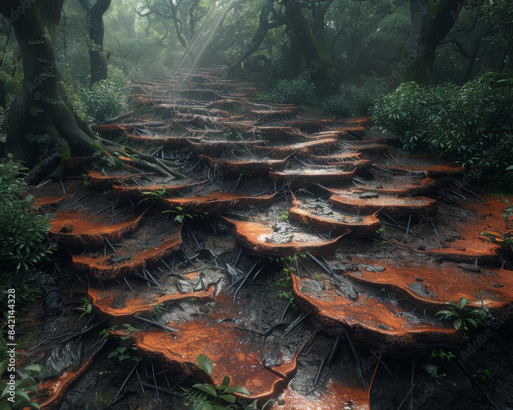Mystical forest path with red-orange fungi mushrooms in magical foggy woodland, creating an ethereal and enchanting atmosphere Mystical forest path with red-orange fungi mushrooms in magical foggy woodland, creating an ethereal and enchanting atmosphere