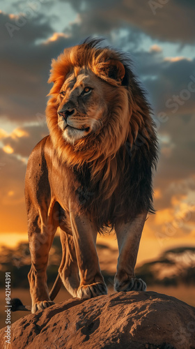 Lion standing on a rock with a cloudy sky at dawn