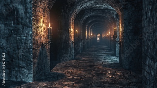 Scary endless medieval catacombs with torches. Mystical nightmare concept