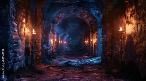 Scary endless medieval catacombs with torches. Mystical nightmare concept