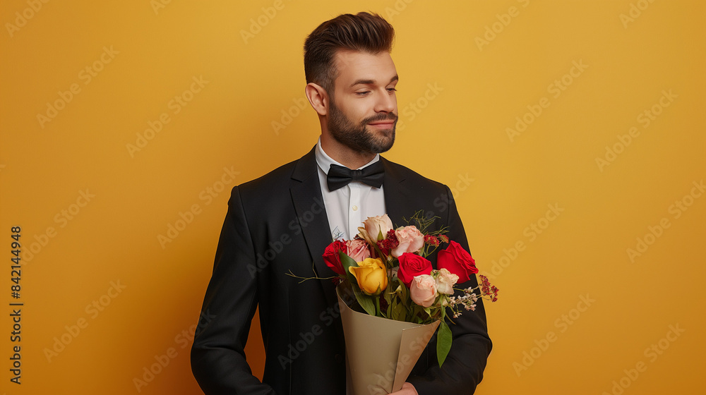 Half-body HDR shot of a well-dressed romantic man carrying a flowers against a mustard background. Radiates charm and thoughtfulness in a stylish setting Half-body HDR shot of a well-dressed romantic man carrying a flowers against a mustard background. Radiates charm and thoughtfulness in a stylish setting