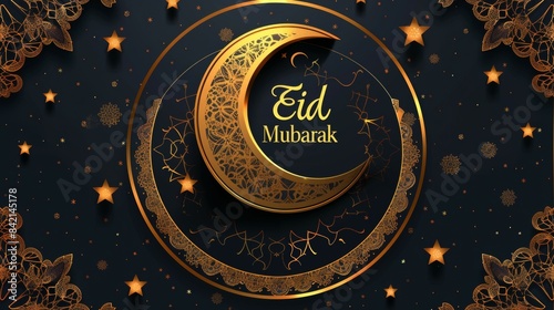A gold and black design of a crescent moon with stars surrounding it, Eid mubarak arabic holiday greeting phrase