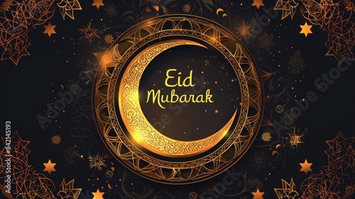A gold and black design with a crescent moon and stars, Eid mubarak arabic holiday greeting phrase