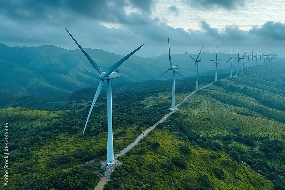 An aerial photograph showcasing a line of wind turbines generating renewable energy on a hillside with rolling green hills and a cloudy sky An aerial photograph showcasing a line of wind turbines generating renewable energy on a hillside with rolling green hills and a cloudy sky