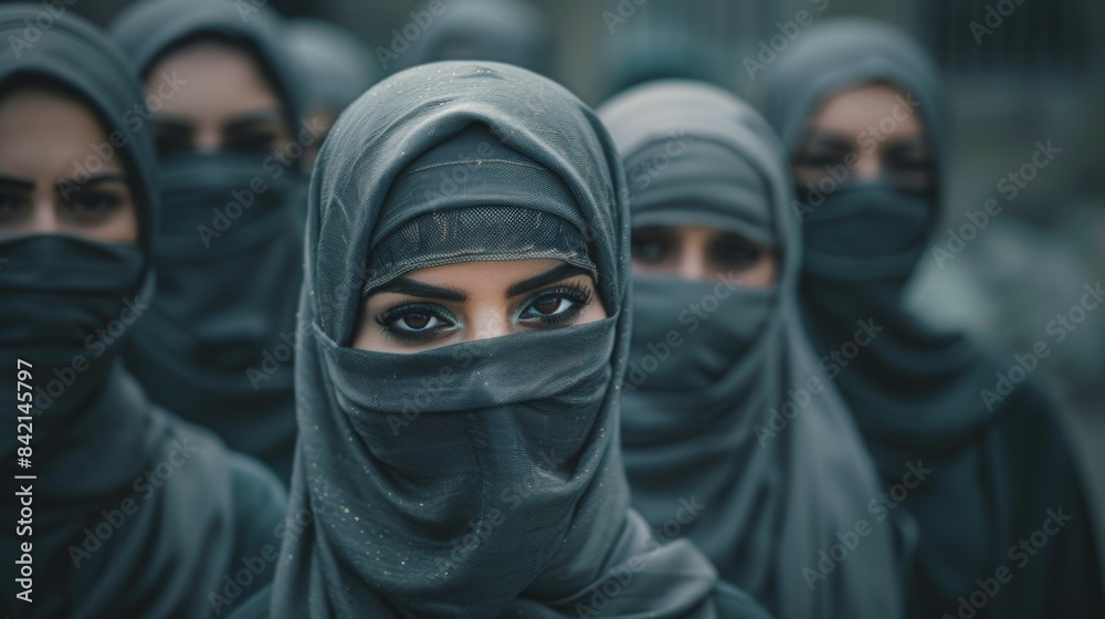 A group of women wearing black veils and masks A group of women wearing black veils and masks