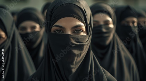 A group of women wearing black veils stand together