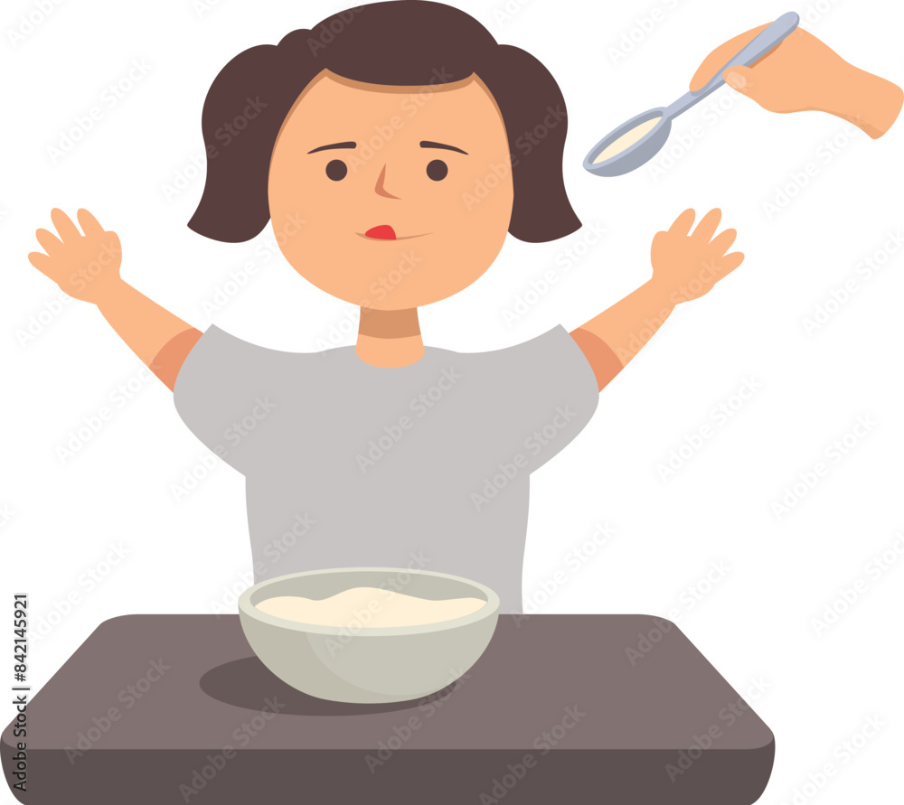 Little girl refusing food raising her arms at the table with a nurse trying to feed her Little girl refusing food raising her arms at the table with a nurse trying to feed her
