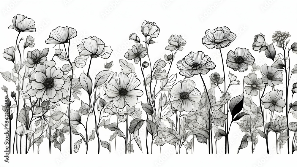 Obraz premium Black and white illustration of various flower species with intricate details in a line art style