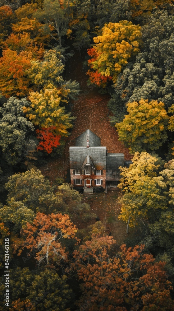 Aerial View of an Old House in Serene Highland Landscape During Autumn