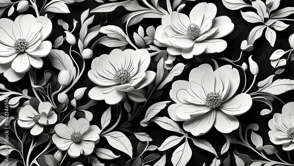 Gorgeous black and white floral pattern with intricate flower and leaf details on a dark backdrop Gorgeous black and white floral pattern with intricate flower and leaf details on a dark backdrop