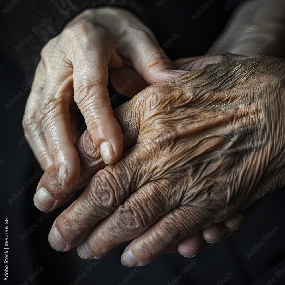 Fototapeta premium Two hands touch showing age and experience. Generated by AI