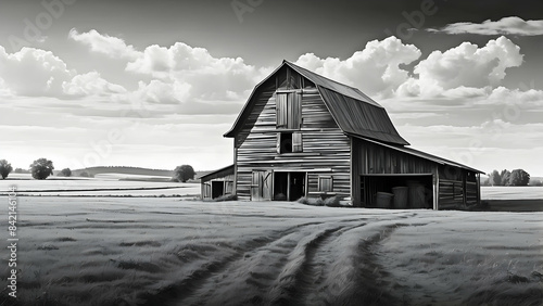 Black and white digital artwork featuring a traditional barn in a pastoral landscape with a dramatic sky