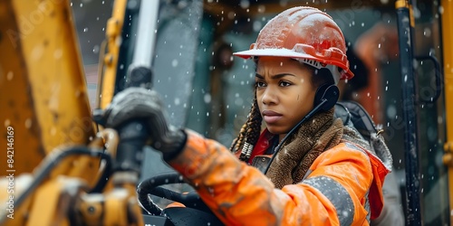 An African American female engineer using a walkie talkie while operating a backhoe at a construction site. Concept Construction, Engineering, Communication, Diversity, Technology