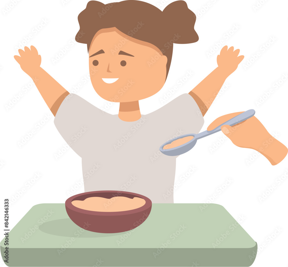 Happy baby girl is raising her arms while being fed by her nanny Happy baby girl is raising her arms while being fed by her nanny