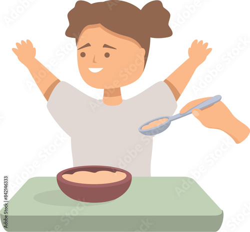 Happy baby girl is raising her arms while being fed by her nanny
