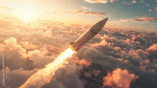 A rocket is flying through the sky with a bright orange sun in the background, military missile