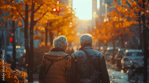 Elderly couple walking down street in fall. Generated by AI