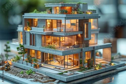 A detailed architectural model of a modern home with multiple levels, showcasing the building process