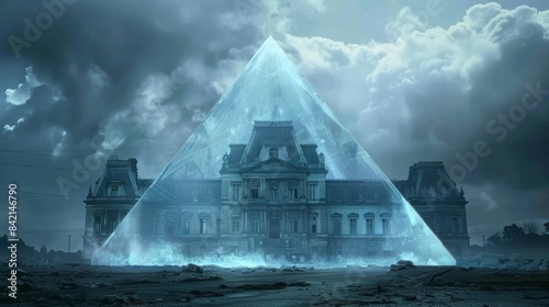 A large pyramid is surrounded by a large building  transparent pyramid in mysticism concept