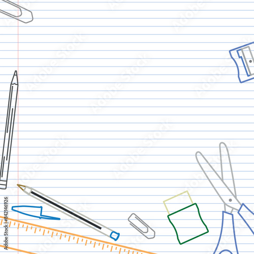 School Layout - Colored Outline Drawings of School Supplies on Notebook Paper Background - Ruler, Pencil, Pen, Sharpener, Eraser, Scissors and Clips. Square Shape.