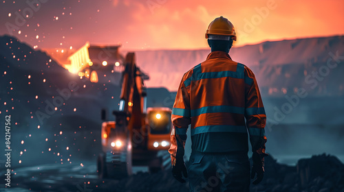  Construction worker in safety gear observing heavy machinery at a mining site during a dramatic sunset. Concept of construction, mining, labor, and industry.  © YOUCEF