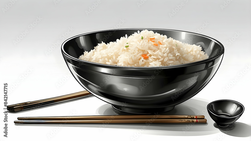 Digital illustration of a bowl of white rice with chopsticks, embodying Asian cuisine and simplicity Digital illustration of a bowl of white rice with chopsticks, embodying Asian cuisine and simplicity