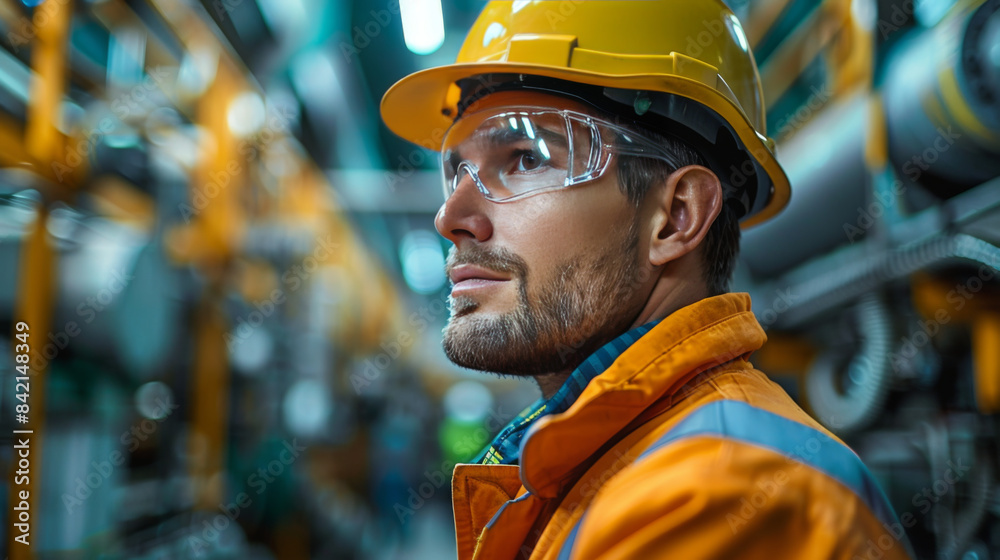 A focused industrial engineer in safety gear, working in a busy factory environment, representing diligence and industry. A focused industrial engineer in safety gear, working in a busy factory environment, representing diligence and industry.