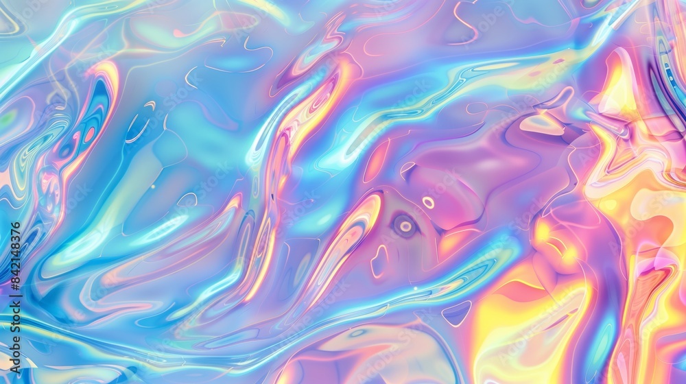 Grainy iridescent holographic gradient background. Psychedelic colourful pattern for your business and brand. Trippy moving water glossy texture