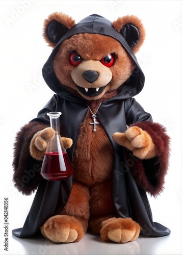 Stuffed Satanic Evil Alchemist Teddy bear holding a vessel of liquid Isolated on a white background © Designwalk