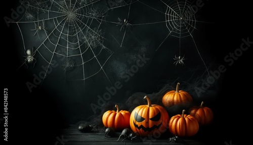 Dark Forest with Pumpkins and Spiders
