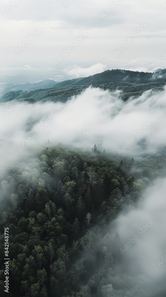 Obraz premium Aerial View of Fog Enveloping a Majestic Black Mountain