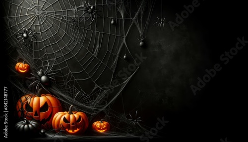 Dark Halloween with Pumpkins and Spiders