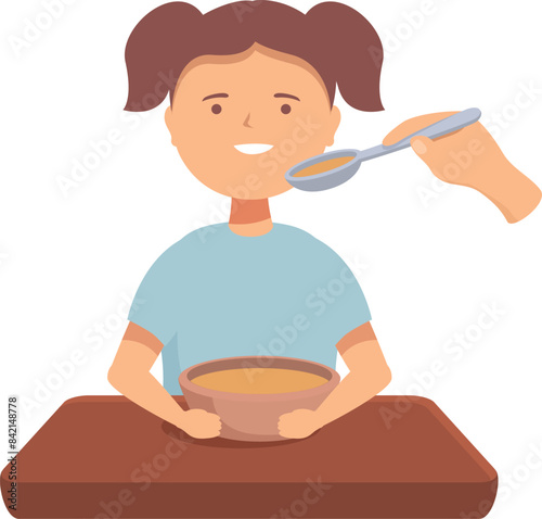 Young girl is sitting at a table, being fed soup by a nurse or nanny