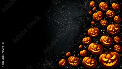 Halloween Night Scene with Pumpkins and Spiders