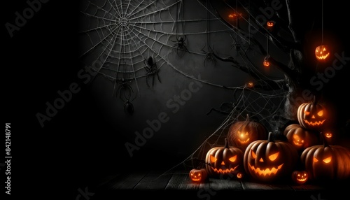Eerie Night Pumpkin Scene with Spiders