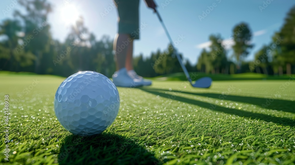 Obraz premium A man is standing on a golf course, holding a golf club