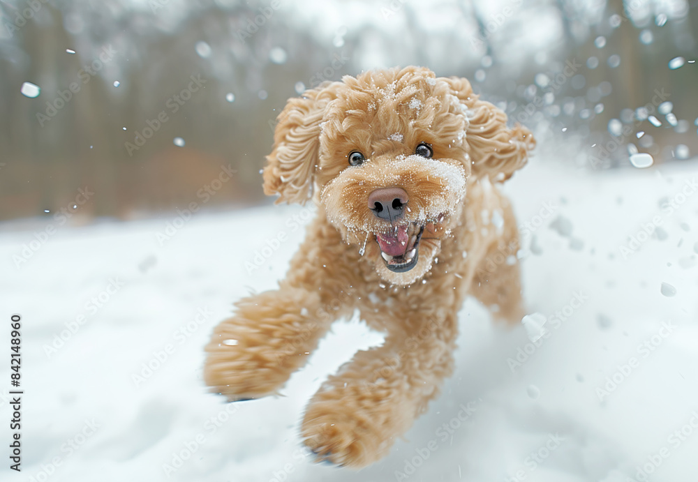 Happy ooodle joyfully running through the snow on a winter day Happy ooodle joyfully running through the snow on a winter day