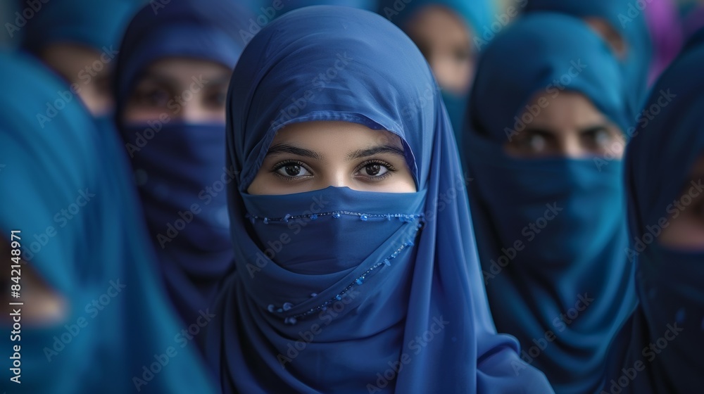 A group of women wearing blue veils A group of women wearing blue veils