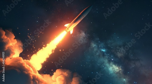 A rocket is flying through the sky with a bright orange trail behind it, military missile